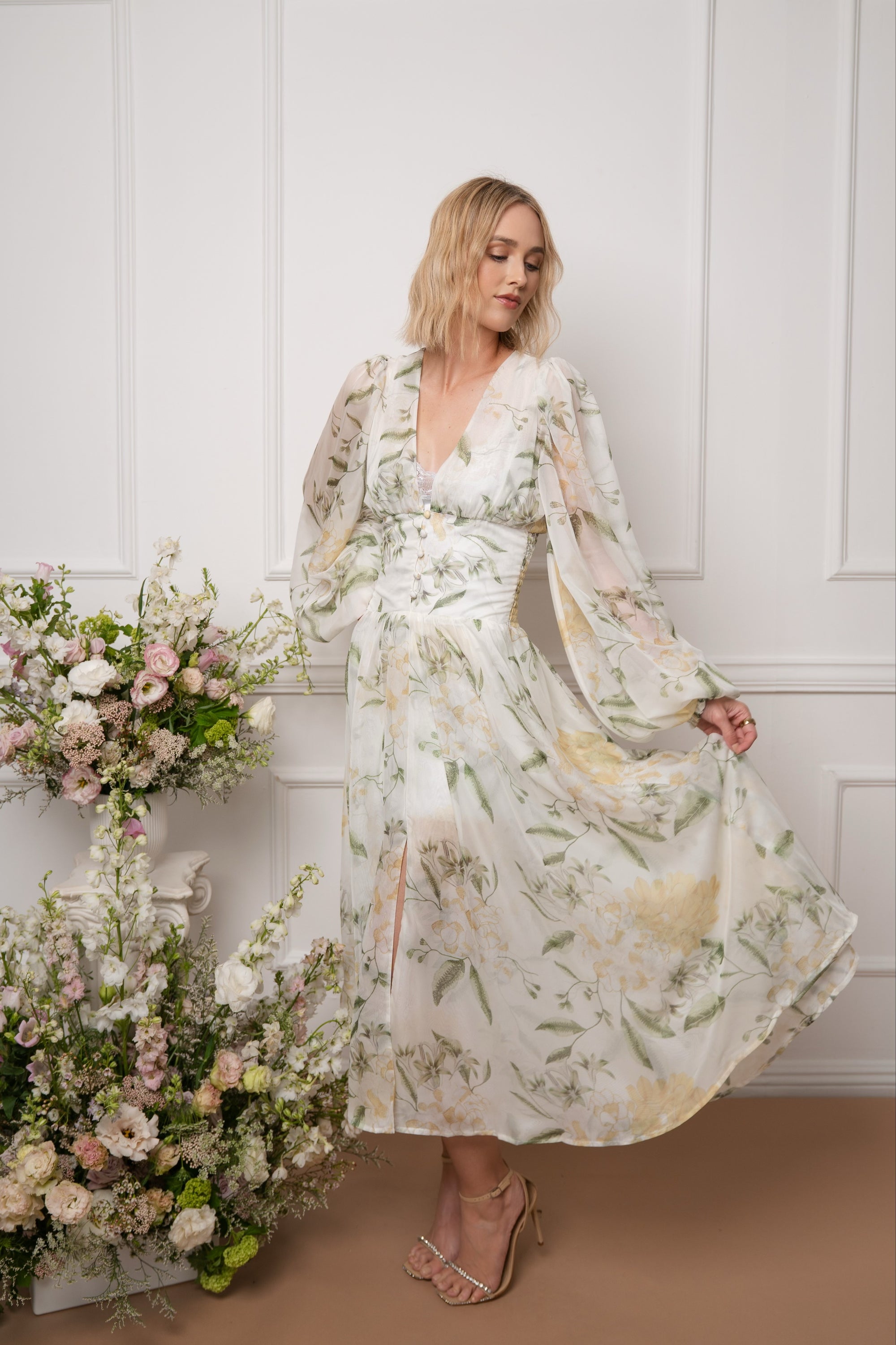Light Green and Yellow Floral Print Dress With Removable Slip – Elouise Keene