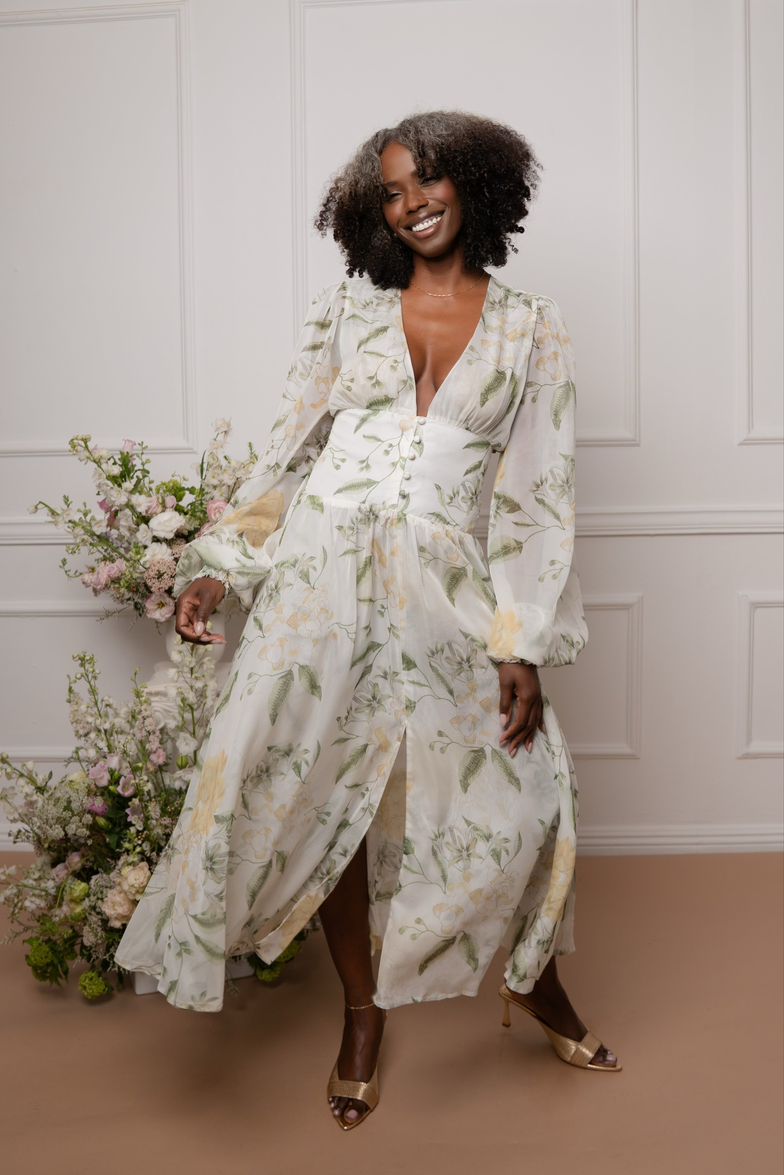 Light Green and Yellow Floral Print Dress With Removable Slip