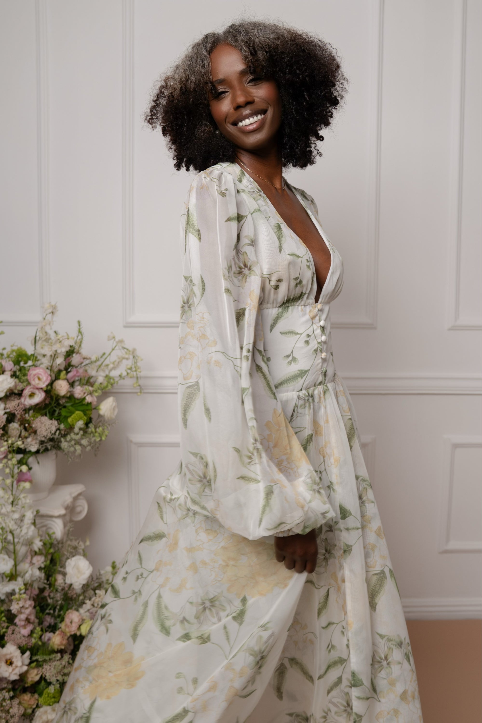 white and yellow floral dress Floral-Print Lemon Long Prom Lemon / 2 doll Mini Dress Details Altar'd State | Camellia Mini